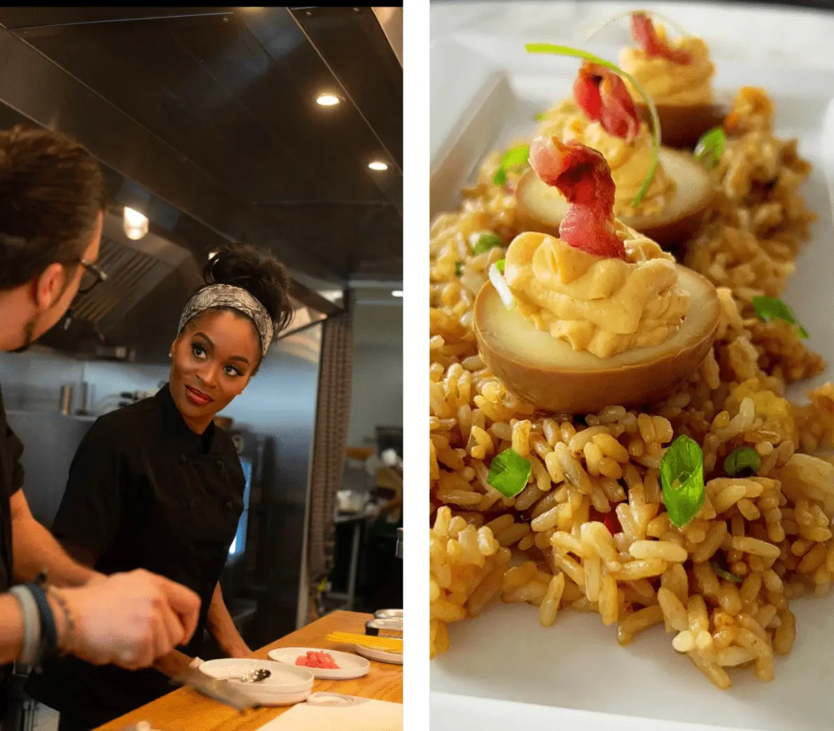 Chef preparing stuffed eggs with rice.