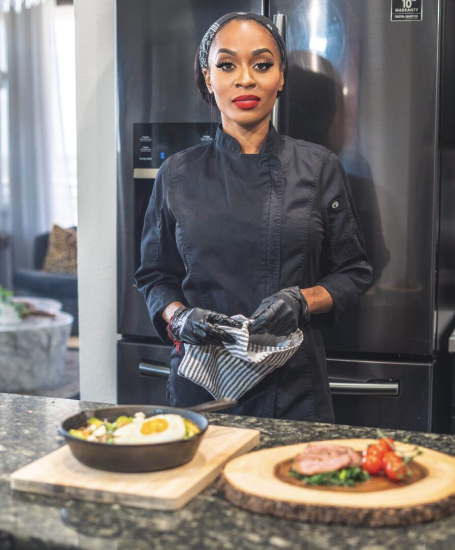 Chef preparing breakfast and lunch dishes.