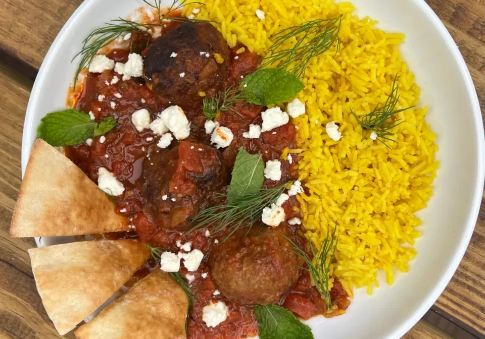 Meatballs, rice, feta, and pita bread.
