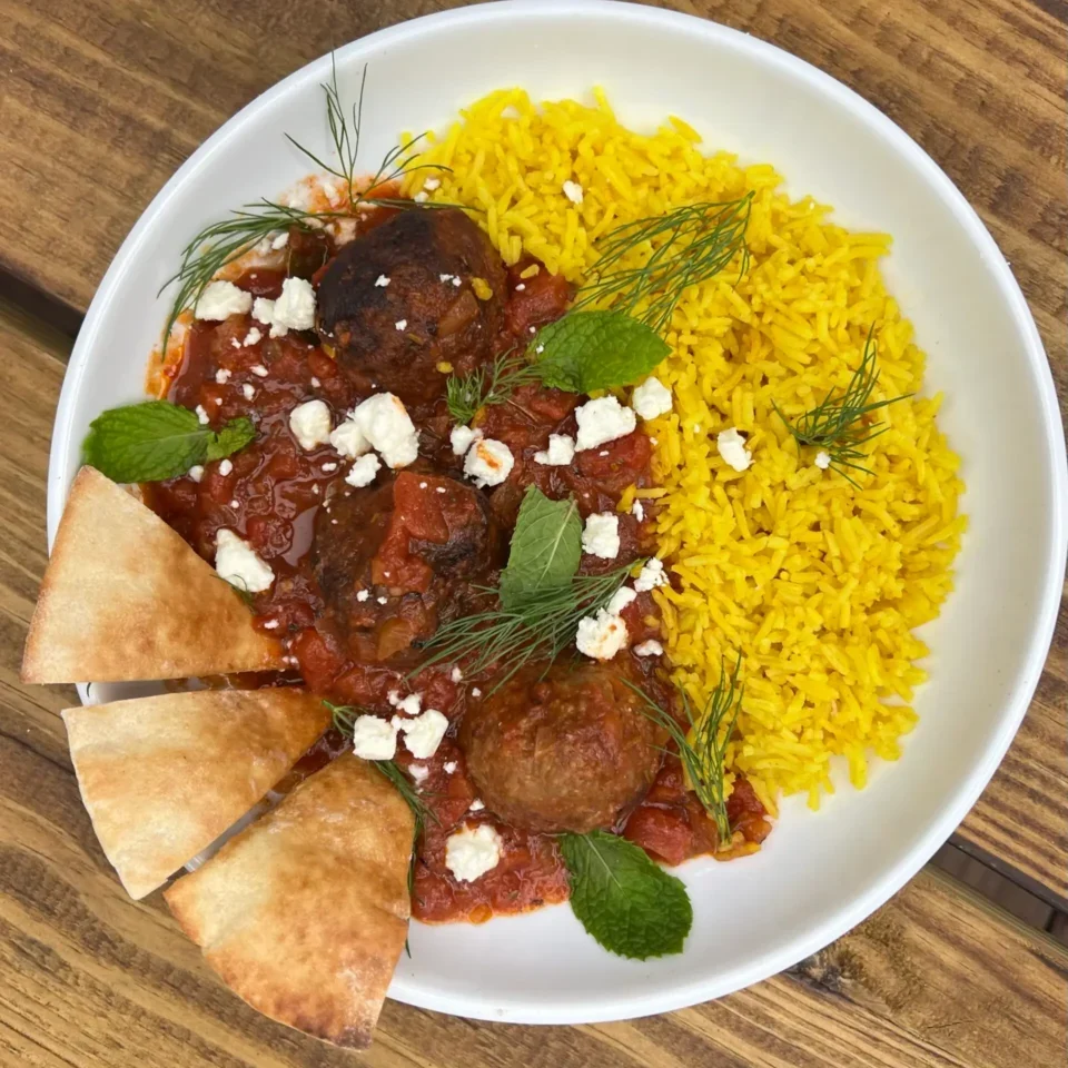 Meatballs, rice, feta, and pita bread.